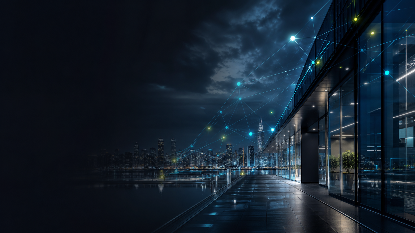 Modern European technology office with secure communication network background